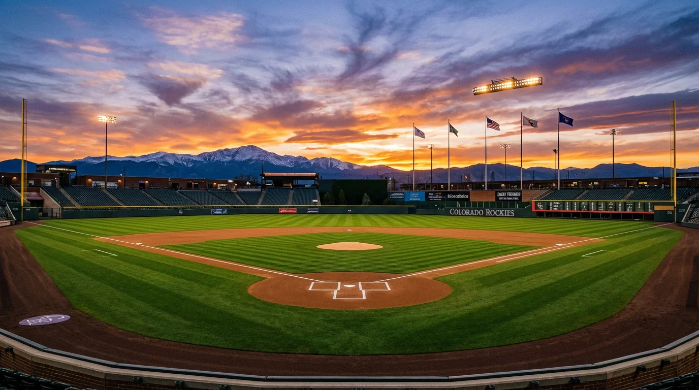 Baseball-Stadion bei Sonnenuntergang mit Blick auf das Spielfeld, Outfield-Zaun und Bergkulisse im Hintergrund