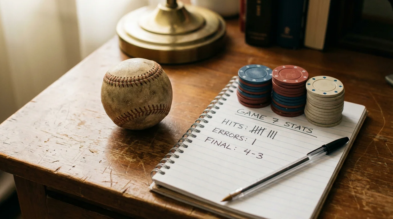 Baseball auf einem Holztisch neben einem aufgeschlagenen Notizbuch mit handschriftlicher Einsatzplanung und gestapelten Pokerchips