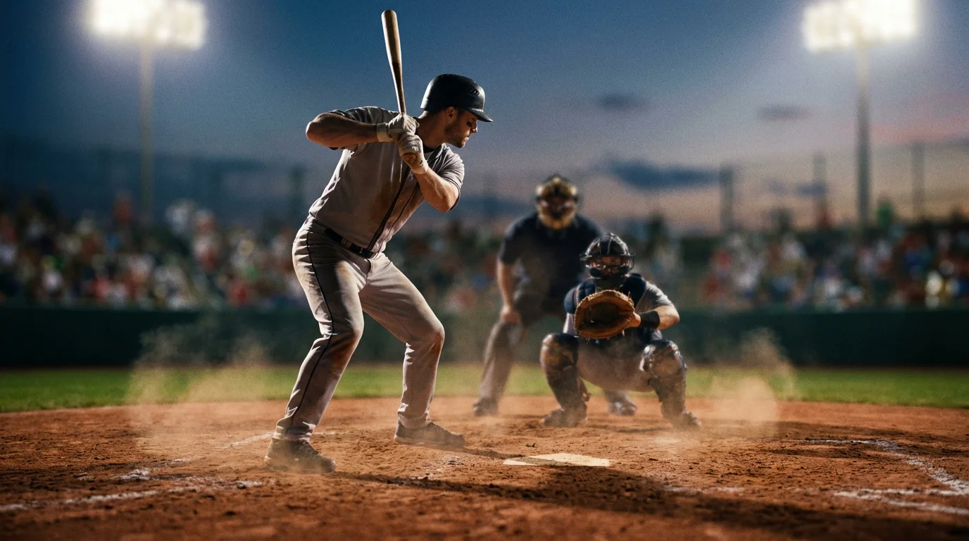Baseball-Batter in Schlagposition am Home Plate mit Catcher im Hintergrund