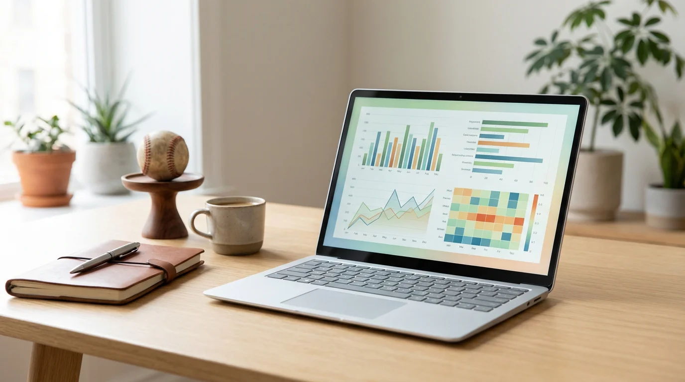 Laptop mit Baseball-Statistiken und Datenanalyse auf einem Schreibtisch neben Notizbuch