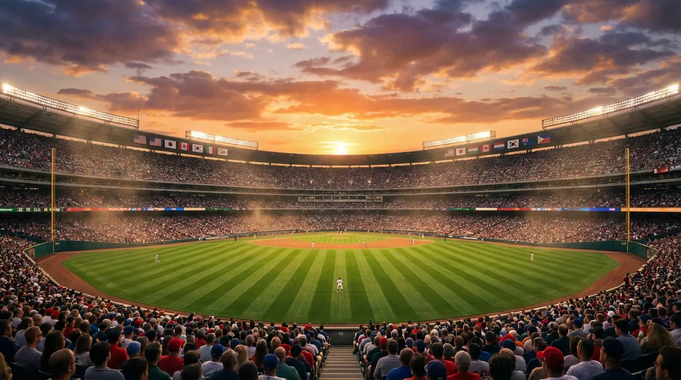Panoramablick auf ein voll besetztes Baseball-Stadion bei Sonnenuntergang mit leuchtend grünem Spielfeld