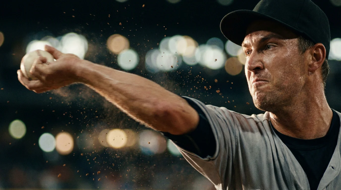 Baseball-Pitcher in Wurfbewegung auf dem Mound bei einem Nachtspiel