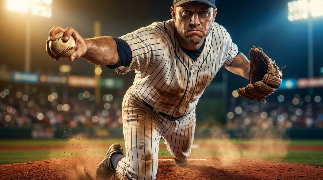 Baseball-Pitcher in Wurfbewegung unter Flutlicht im Stadion bei einem Nachtspiel