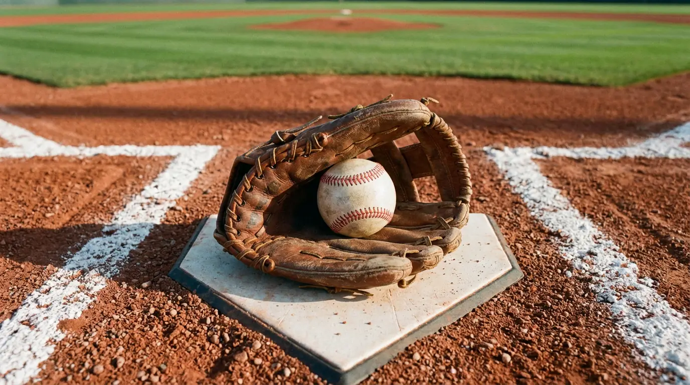 Baseball-Handschuh mit Ball auf der Home Plate eines leeren Spielfelds bei Tageslicht
