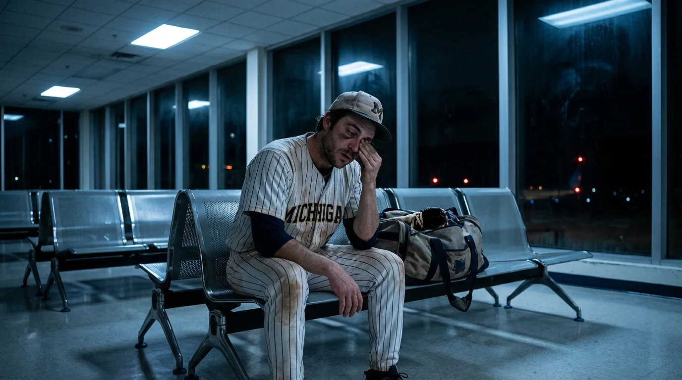 Müder Baseball-Spieler sitzt erschöpft in einem leeren Flughafenterminal mit seiner Sporttasche, nachts beleuchtet