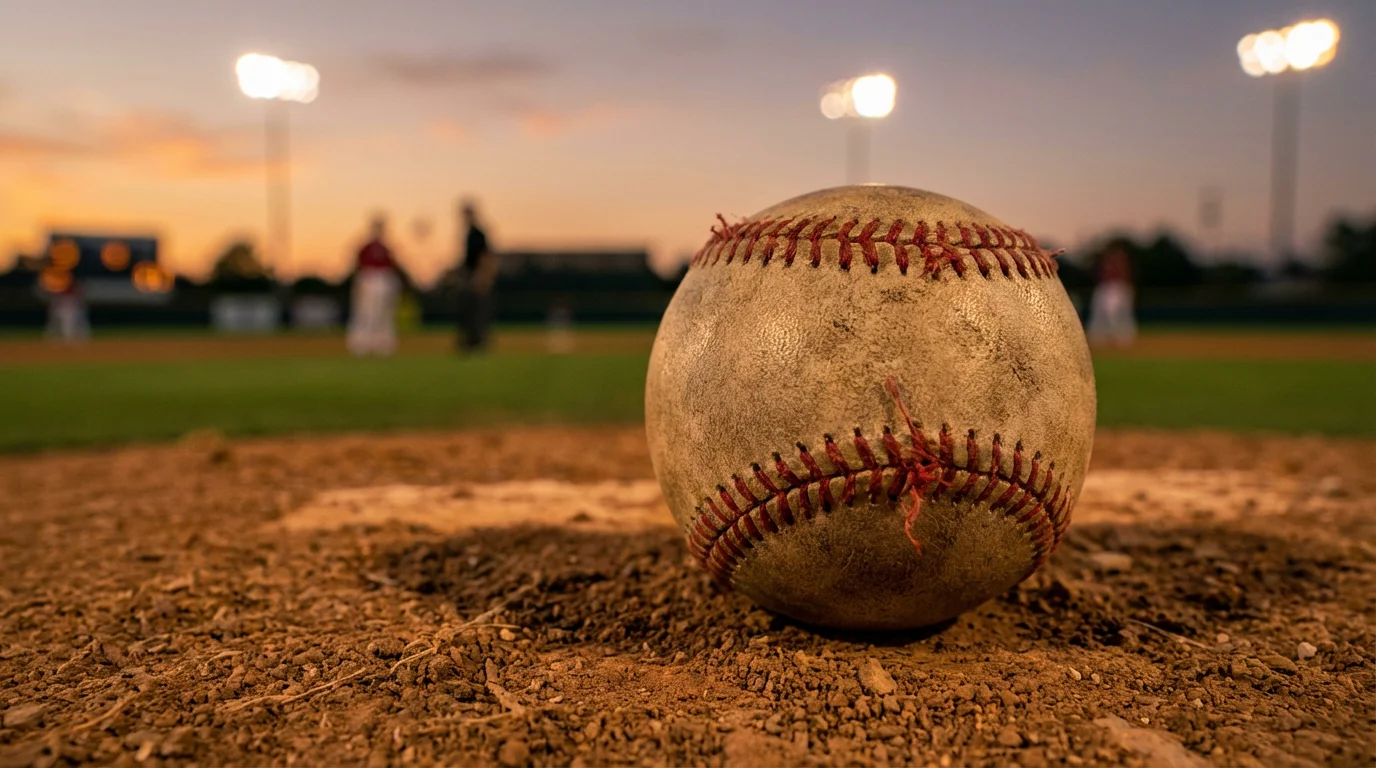 Baseball auf dem Pitcher-Hügel eines Stadions mit leuchtenden Flutlichtern im Hintergrund