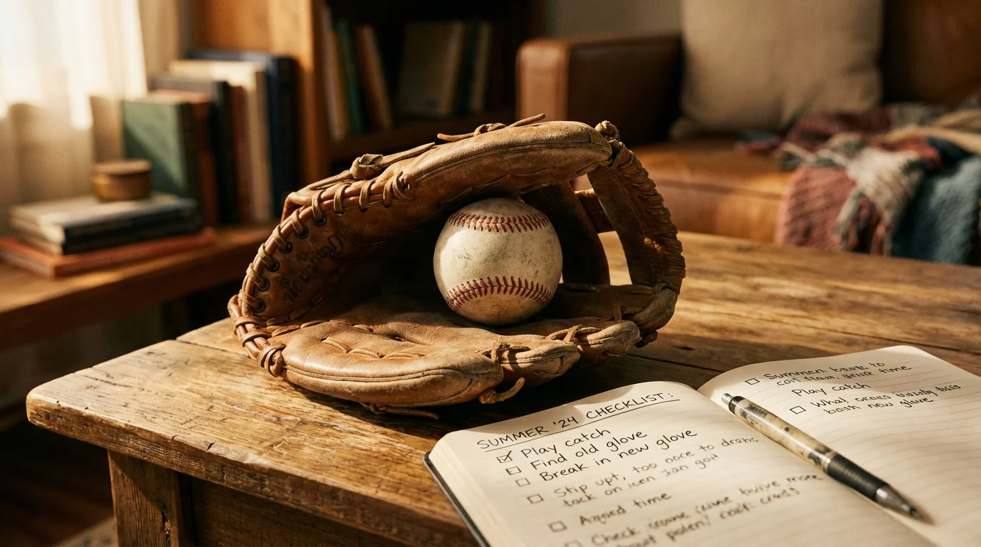 Baseballhandschuh mit Ball auf einem Holztisch neben einem Notizbuch und Stift - Symbolbild für die Vorbereitung auf die erste Baseball-Wette