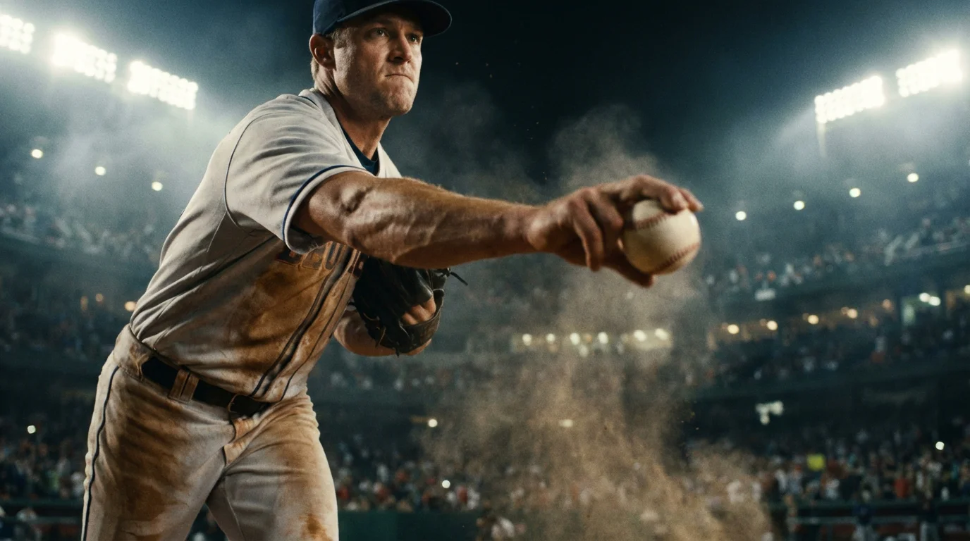 Baseball-Pitcher in Wurfbewegung unter Flutlicht mit dramatischem Rauch auf dem Spielfeld