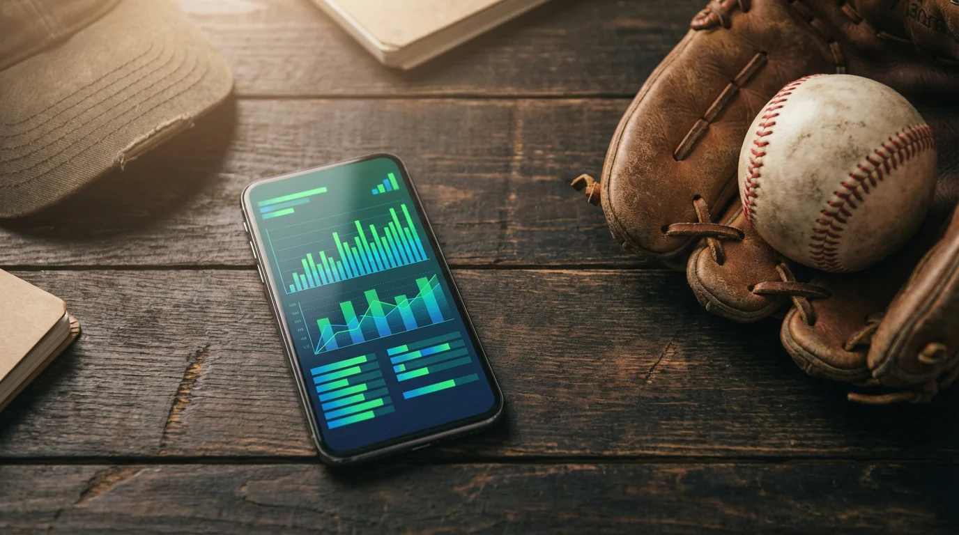 Smartphone zeigt Baseball-Statistiken und Quoten neben einem Baseball und Handschuh