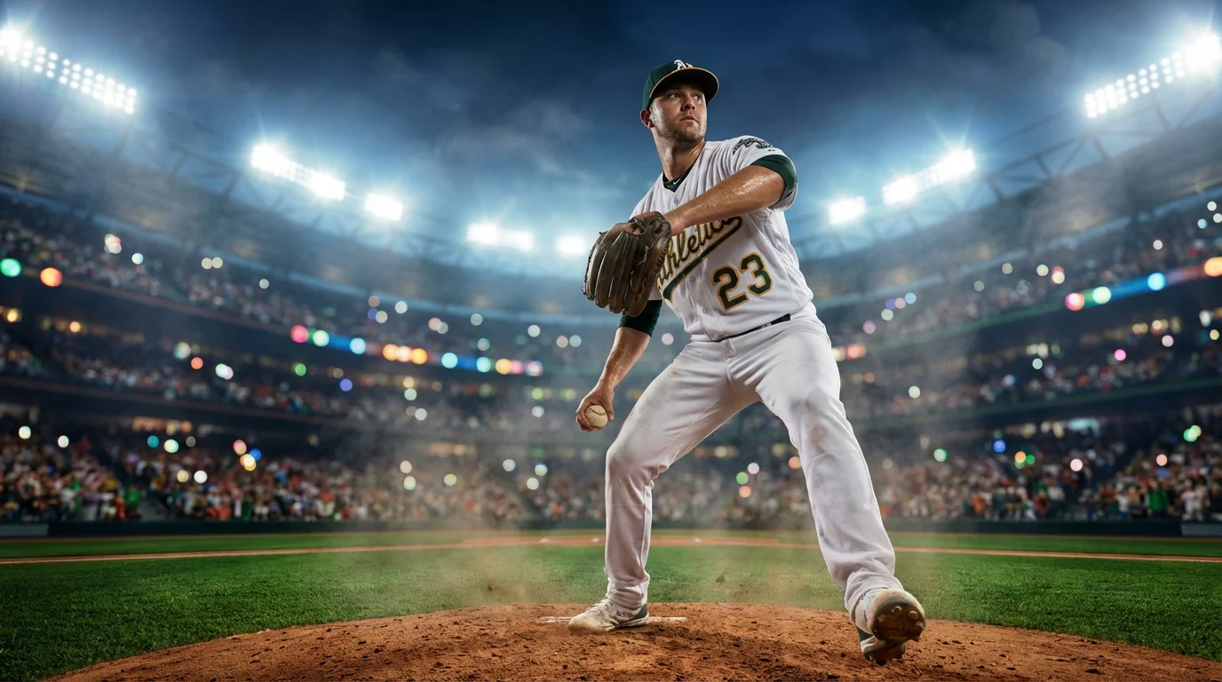 Baseball-Pitcher auf dem Mound in einem MLB-Stadion bei Flutlicht, symbolisch für die Listed-Pitcher-Regel bei Baseball-Wetten