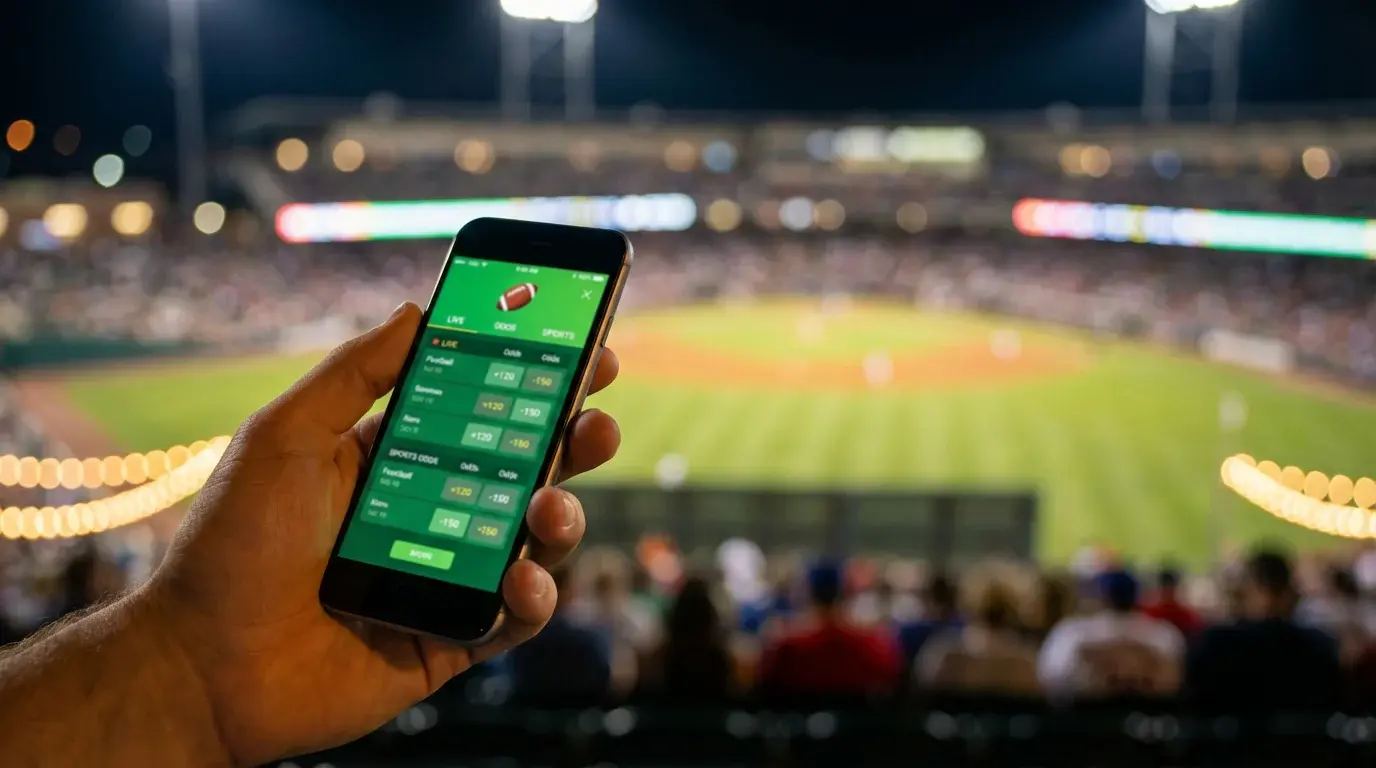 Smartphone zeigt Live-Baseball-Quoten vor einem voll besetzten MLB-Stadion bei Nacht