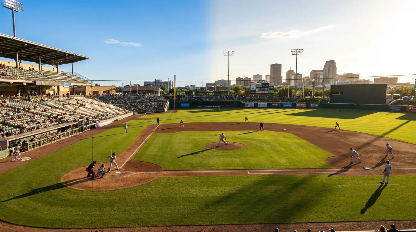 Baseball-Stadion bei Tageslicht mit Sonnenschein und langen Schatten auf dem Spielfeld, symbolisch für Day Games in der MLB