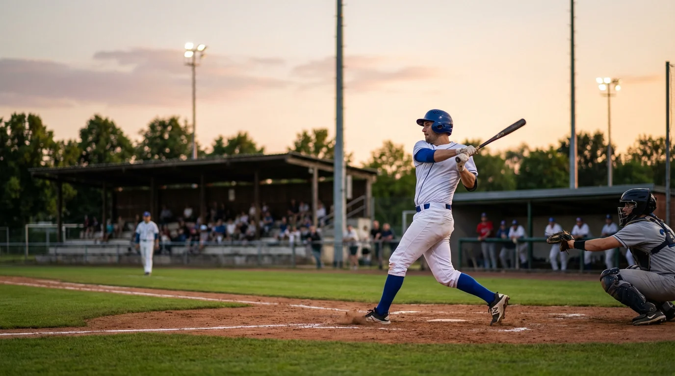 Baseball-Spieler beim Schlag auf einem deutschen Baseball-Feld mit Flutlichtbeleuchtung in der Abenddämmerung