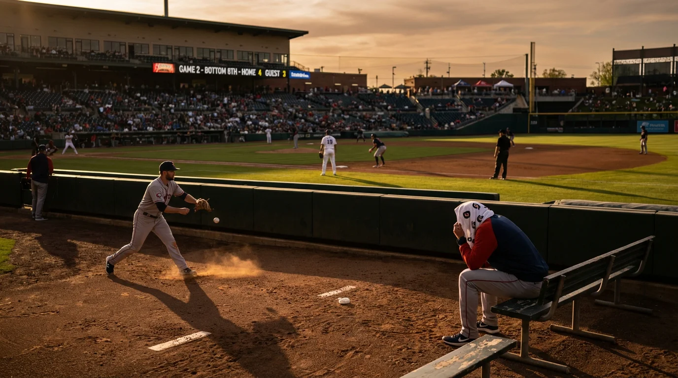 Baseball-Stadion bei einem Doppelspieltag mit erschöpften Pitchern im Bullpen während eines Abendspiels