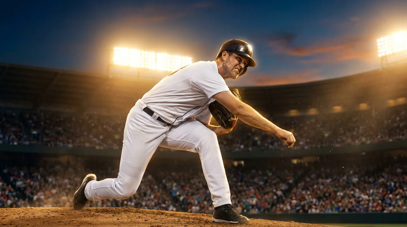 Baseball Starting Pitcher auf dem Mound im Stadionlicht während der ersten Innings eines MLB-Spiels