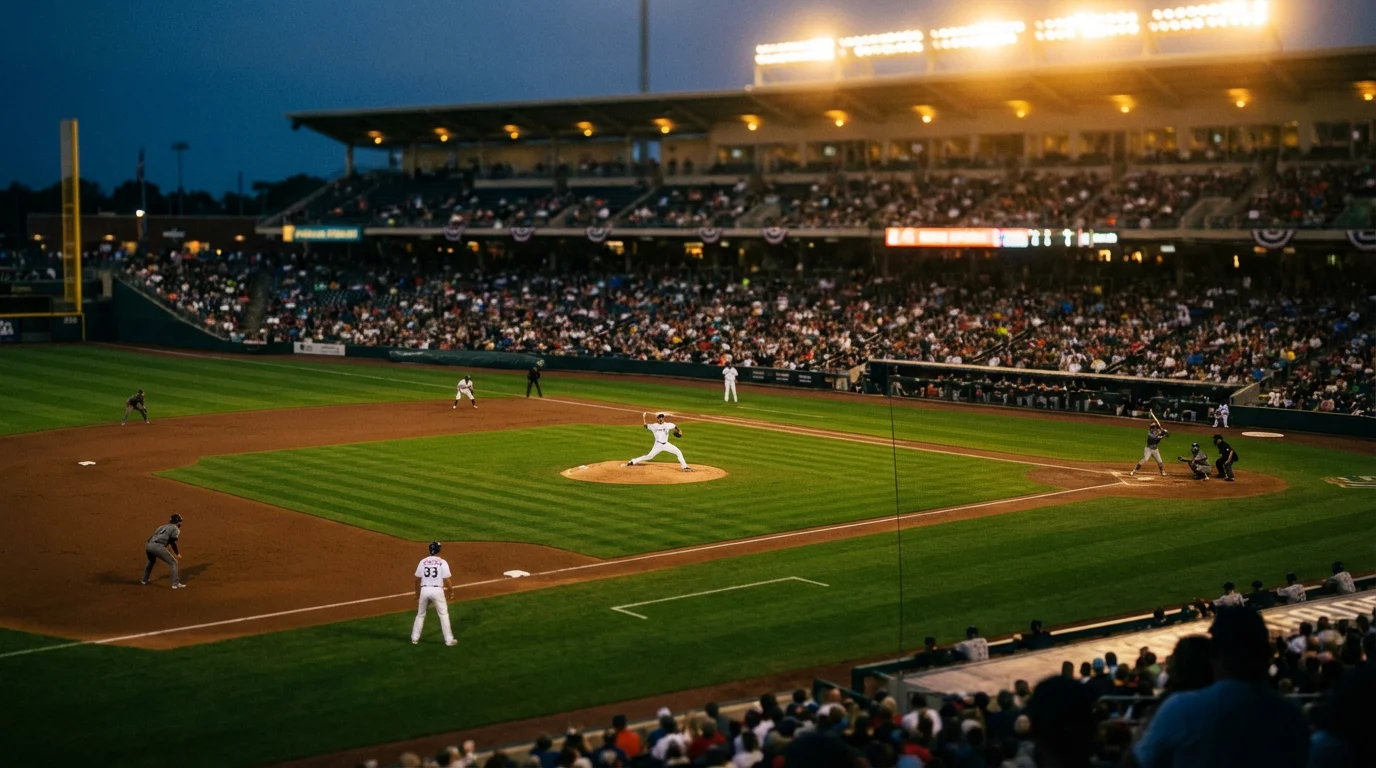 Baseballstadion bei Abendbeleuchtung mit zwei Teams auf dem Spielfeld als Symbol für Interleague Play zwischen American League und National League