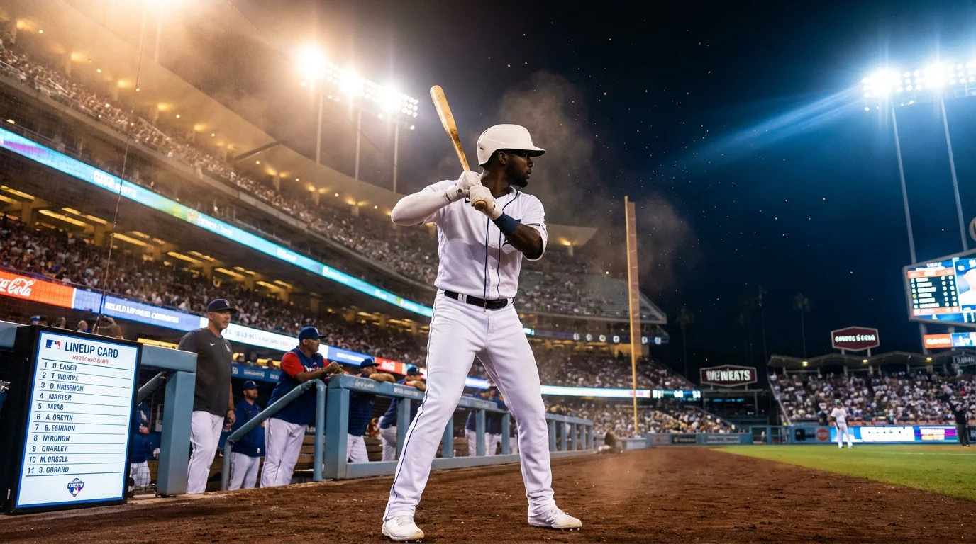 Baseball-Schlagmann in der Batting Box eines MLB-Stadions bei Flutlicht, bereit zum Schlag