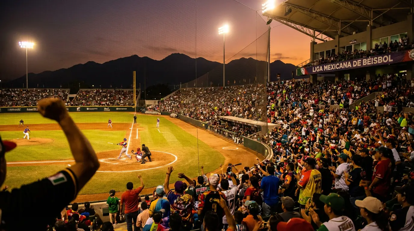 Mexikanisches Baseball-Stadion bei Abendlicht mit Bergkulisse im Hintergrund, stimmungsvolle Atmosphäre der Liga Mexicana de Béisbol