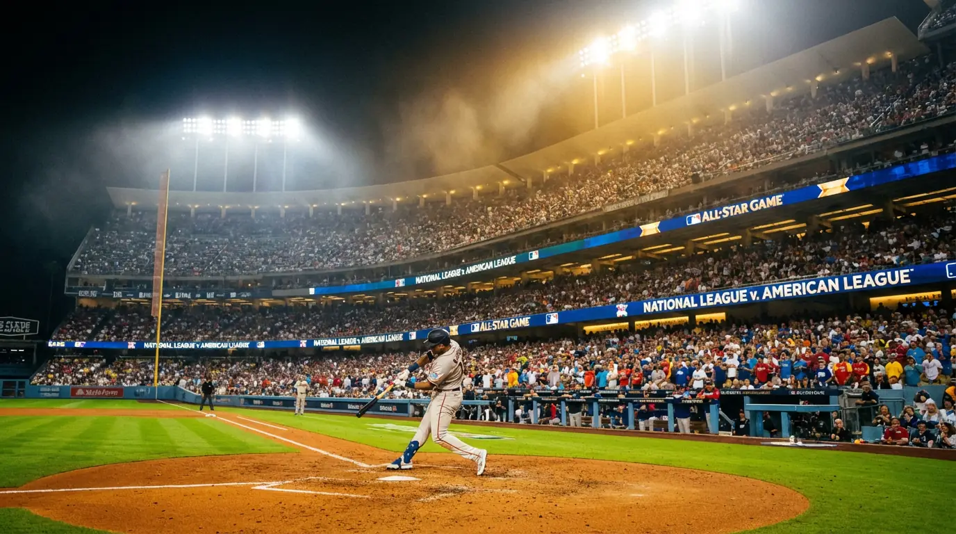 Baseball-Stadion bei Nacht während des MLB All-Star Games mit Flutlicht und einem Batter am Schlag