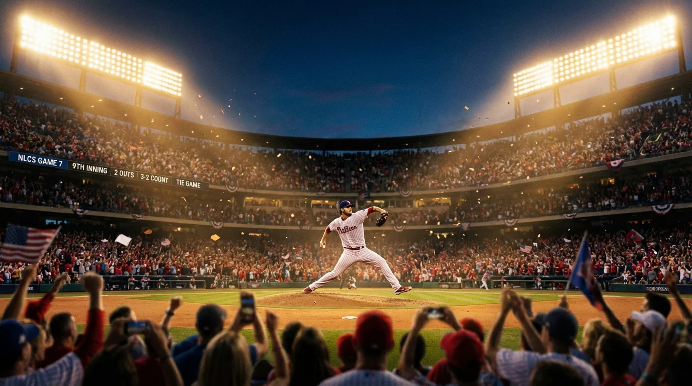 Baseball-Stadion bei Nacht während eines MLB Playoff-Spiels mit dramatischer Beleuchtung und jubelnden Fans