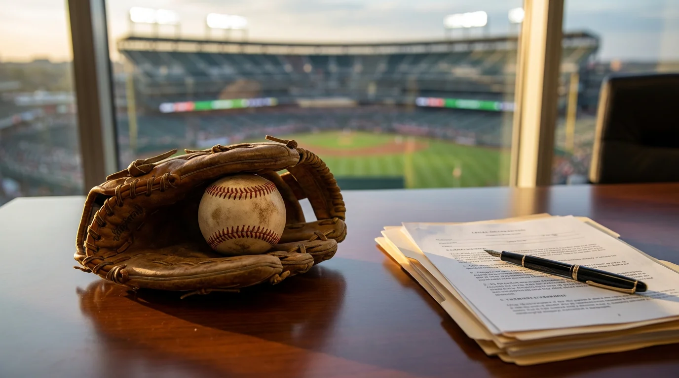 Baseball-Handschuh mit Ball auf einem Schreibtisch neben Vertragsdokumenten, symbolisch für MLB Trade Deadline Transfers