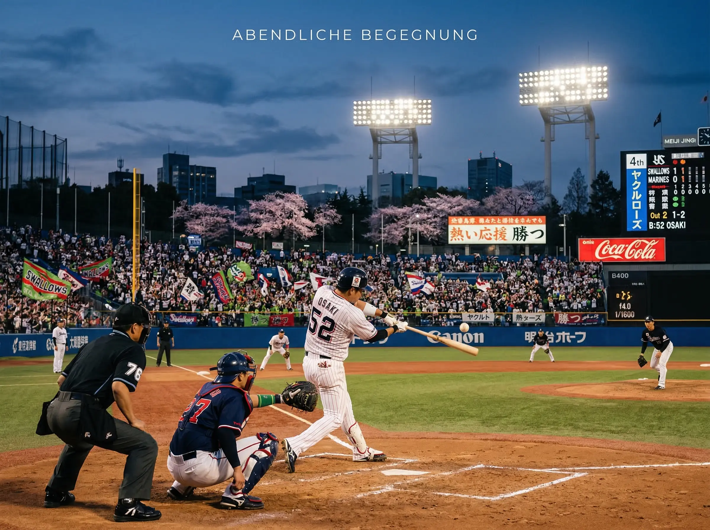 Japanisches Baseball-Stadion bei einem Abendspiel mit leuchtender Atmosphäre und Zuschauern auf den Rängen