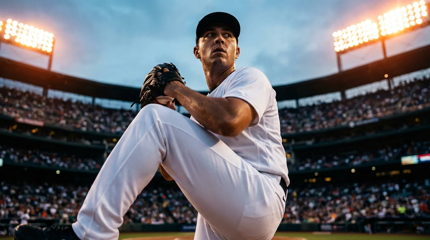 Baseball-Pitcher auf dem Mound im Stadion bei Flutlicht, bereit zum Wurf - Symbolbild für Pitcher-Matchup-Analyse bei Baseball-Wetten