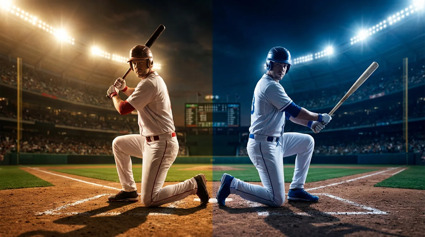 Linkshändiger und rechtshändiger Baseball-Batter stehen sich gegenüber, dramatische Stadionbeleuchtung im Hintergrund