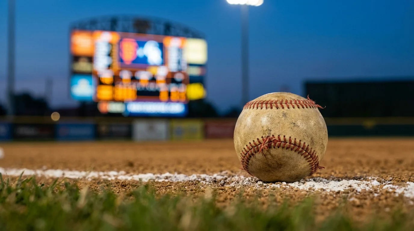 Baseball auf einem Spielfeld mit einer beleuchteten Anzeigetafel im Hintergrund, die Quotenbewegungen bei Baseball-Wetten symbolisiert