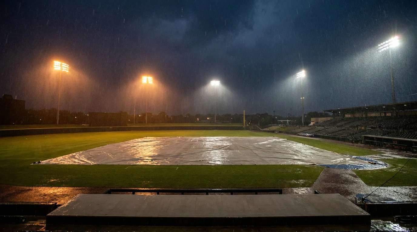 Baseball-Spielfeld bei Regen mit einer Plane über dem Infield und Regentropfen im Flutlicht