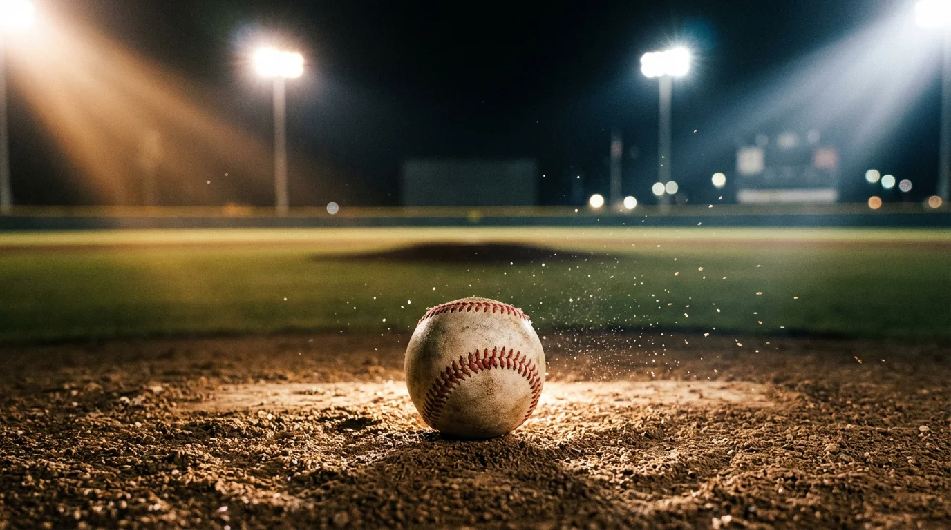 Baseball auf dem Pitcher-Hügel eines MLB-Stadions bei Flutlicht, symbolisch für Runline- und Handicap-Wetten im Baseball