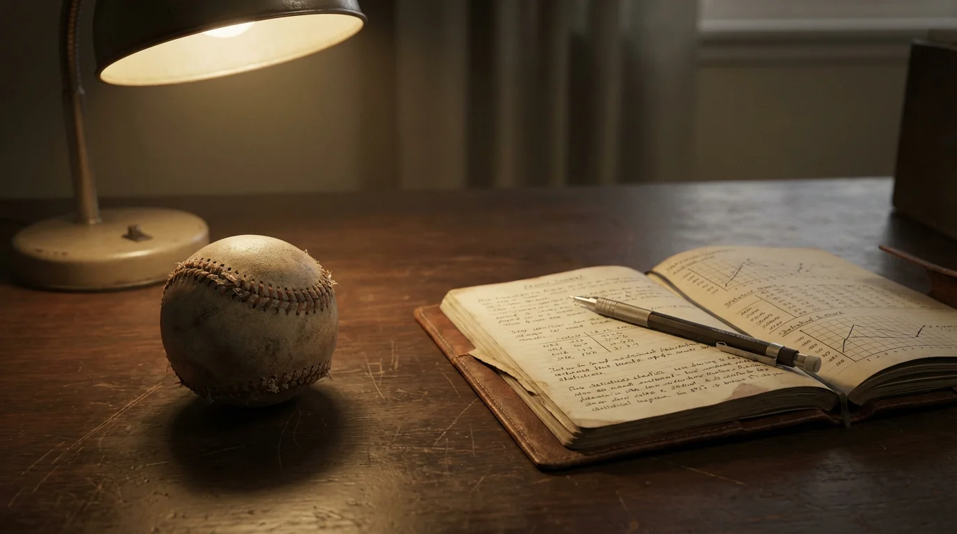 Baseball auf einem Holztisch neben einem aufgeschlagenen Notizbuch mit handgeschriebenen Statistiken und einem Stift, stimmungsvolle Beleuchtung