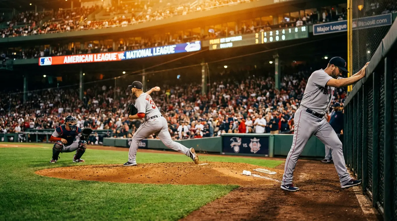 Baseball-Spieler im Bullpen eines MLB-Stadions bei Flutlicht im September, bereit für den Einsatz