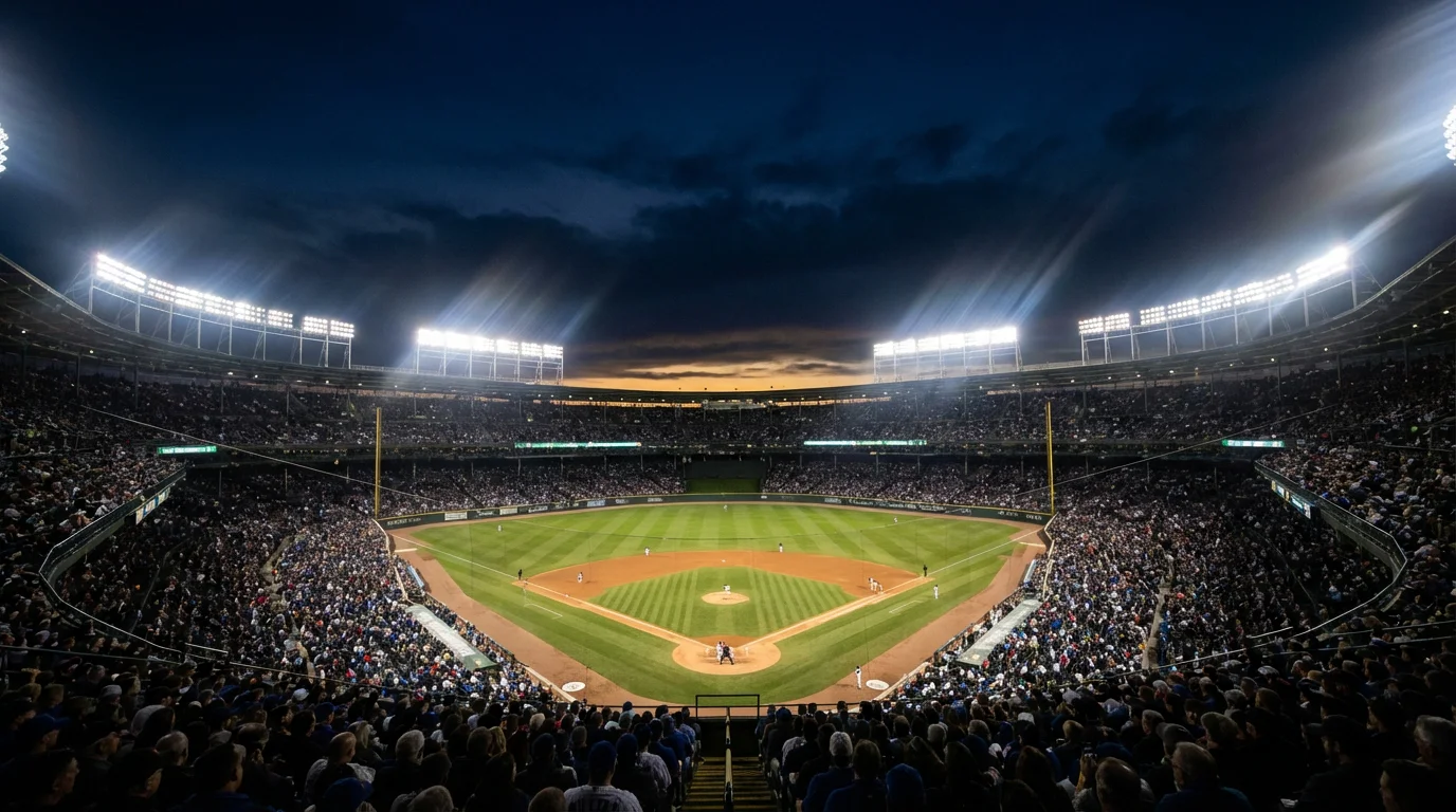 Beleuchtetes Baseball-Stadion bei Nacht mit Blick auf das Spielfeld und die Tribünen
