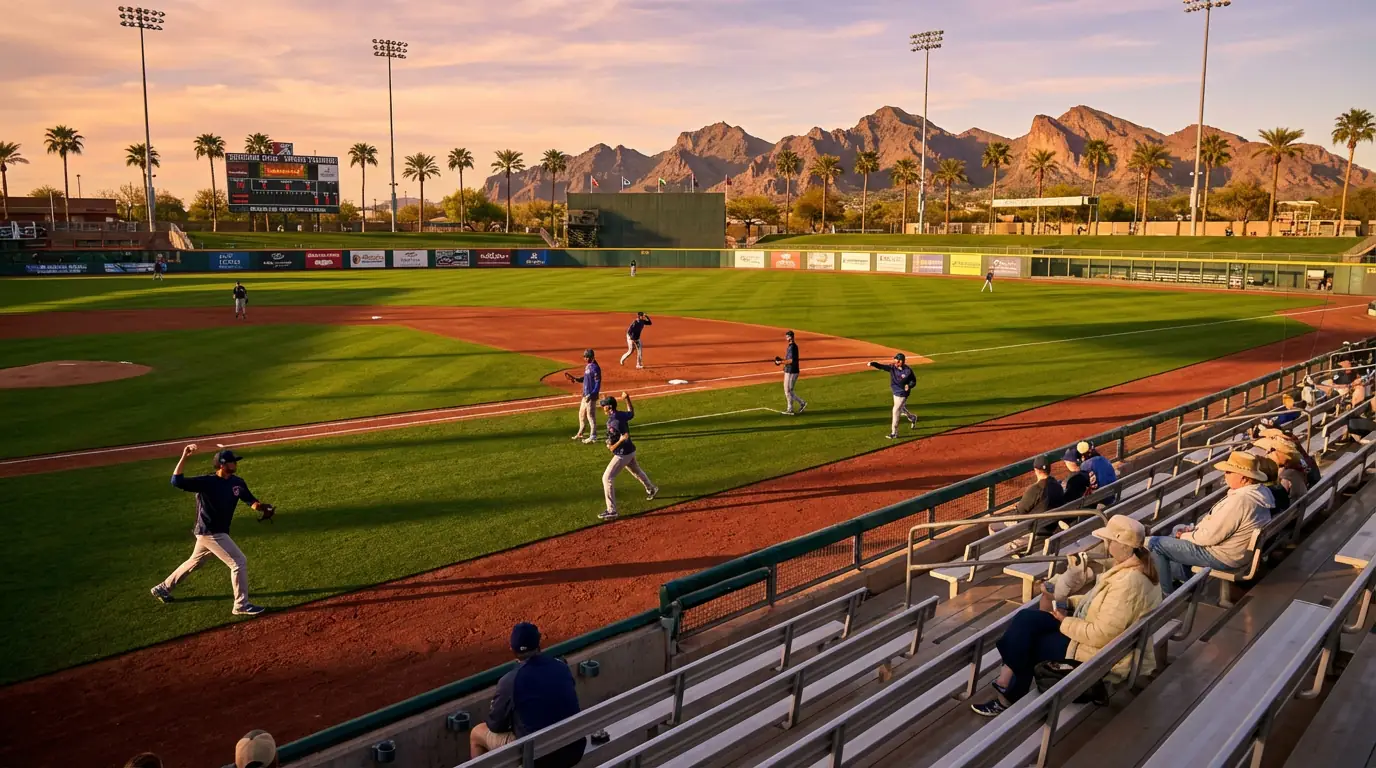 Baseball-Spielfeld im Spring Training in Arizona bei Sonnenuntergang mit Spielern beim Aufwärmen