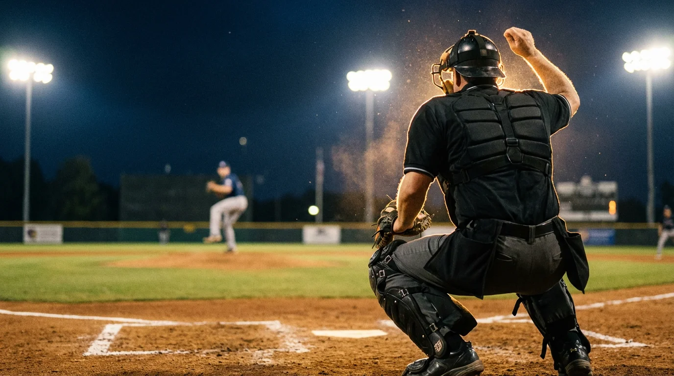 Home-Plate-Umpire in Schutzausrüstung hinter dem Catcher bei einem Baseball-Spiel, beleuchtet vom Flutlicht des Stadions